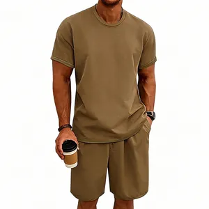 Herren Sommer-Set aus schwerer Baumwolle in Khaki mit T-Shirt und Shorts im Casual-Look