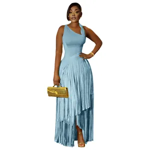 Full length detail of elegant light blue one-shoulder fringe maxi dress for women