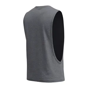Side view of grey men's loose fitness tank top with deep-cut armholes for GYM