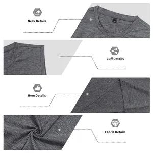 Detail view showing the neck, cuff, hem, and fabric texture of the gray gym tank top.