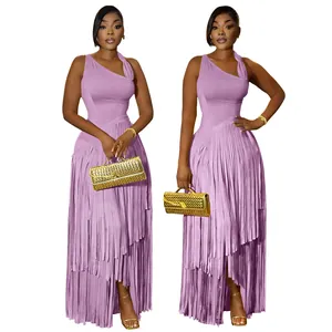 Elegant lavender one-shoulder fringe maxi dress with stylish tassel detail for women