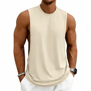 Detailed front view of men's loose athletic gym tank top with deep armholes in beige
