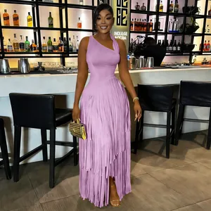 Elegant lavender one-shoulder evening dress with layered fringe details and slim fit.