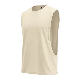 Close-up profile of a beige men's loose gym training tank top with deep armholes