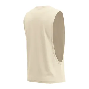 Back side view of a beige men's muscle tank top showing deep armholes and jersey texture