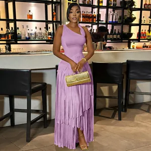 Elegant lilac one-shoulder evening dress featuring long fringe detail and slim fit.