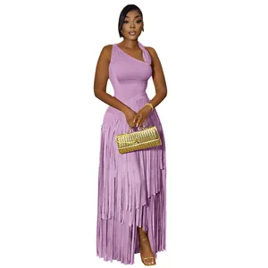 Detail view of an elegant lavender slim-fit evening dress with long fringe layers.