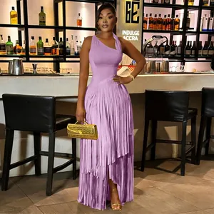 Elegant sleeveless purple fringe maxi dress for evening parties and cocktail events.