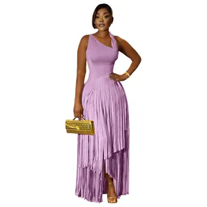 Detailed view of elegant light purple one-shoulder maxi dress with tiered fringe skirt
