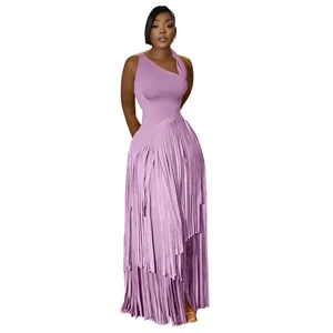 Elegant lavender one-shoulder evening dress featuring a long fringe pleated skirt for women