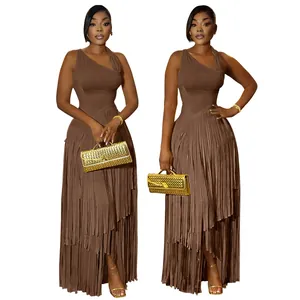 Elegant one-shoulder brown maxi dress with long fringe details for evening parties