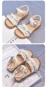 Close-up of girls' princess sandals featuring delicate lace and bow details