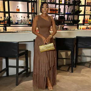 Elegant one-shoulder brown maxi dress with tiered fringe detail for evening parties