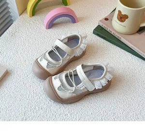 Close-up detail of girls' ballet-style mesh sports sandals featuring delicate lace trim