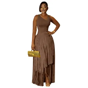 Elegant coffee-colored fringe maxi dress featuring a chic one-shoulder design for women