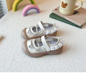 Detail view showing breathable mesh upper and delicate lace trim on ballet sports sandals