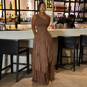 Elegant brown one-shoulder evening dress with tiered long fringe tassels and slim fit
