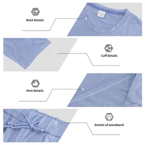 Primeros planos del cuello, puño, dobladillo y cintura del conjunto azul claro.