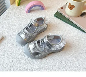 Charming silver girls ballet sports sandals with breathable mesh and delicate lace trim detail