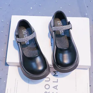 Elegantes zapatos de princesa Mary Jane negros para niñas con correa de pedrería