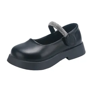 Zapatos Mary Jane negros para niña con correa de diamantes de imitación y suela gruesa