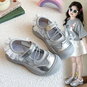 Girls Ballet Style Sports Sandals Breathable Mesh Lace Princess Shoes Microfiber Leather Summer Soft Sole Non-Slip Kids Sandals