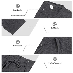 Detalles del cuello, los puños y la cintura con cordón del conjunto gris de hombre