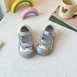 Silver girls' ballet-style mesh sports sandals with lace trim and magic tape closure