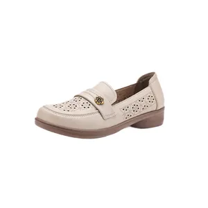 Beige breathable hollowed-out women's loafers with soft sole and rose decoration