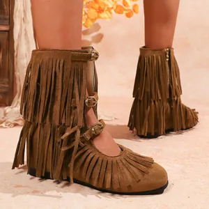 Damen Western Halbwadenstiefel Wildleder Fransen Schnalle Boho Stil Mode Schuhe Retro Niedriger Absatz Cowboy Ritterstiefel