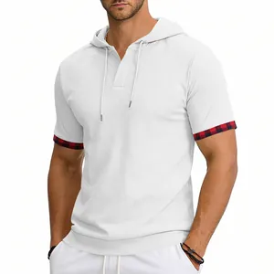 Close-up detail of men's white hooded short-sleeve T-shirt with red plaid trim.