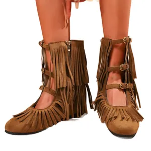 Braune Western-Fransenstiefel aus Wildleder mit Schnallenriemen und Seitenreißverschluss