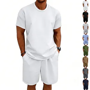 Chándal de Poliéster Pesado Terry para Hombre Camiseta de Manga Corta Cuello Redondo Y Pantalones Cortos Conjunto Ajuste Suelto Color Sólido Top And Bottom
