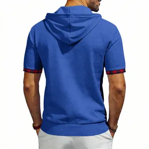 Back view of men's blue waffle knit short sleeve hoodie with plaid cuff details