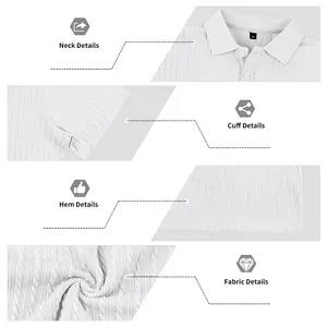 Detalle del polo blanco que muestra el cuello, los puños, el dobladillo y el tejido jacquard.