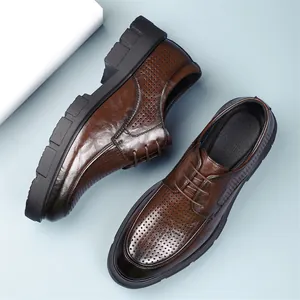 Men's brown leather business dress shoes with perforated breathable design and thick soles.