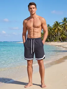 Men's dark grey checkered sports shorts featuring white drawstrings and piping detail