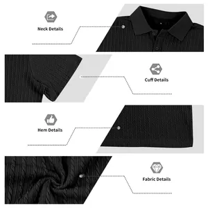 Vistas detalladas del cuello, puños, dobladillo y tejido jacquard de un polo negro para hombre.