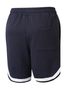 Rear view of navy blue grid texture shorts with white hem stripes and back pocket