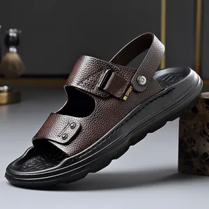 Sandalias Casuales de Hombre de Cuero de Vaca de Primera Capa Zapatos de Playa de Verano Suela Gruesa Antideslizante Transpirable