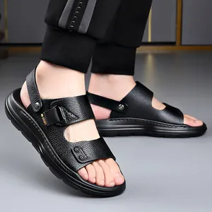 Sandalias de cuero genuino negro para hombre con suelas gruesas antideslizantes verano