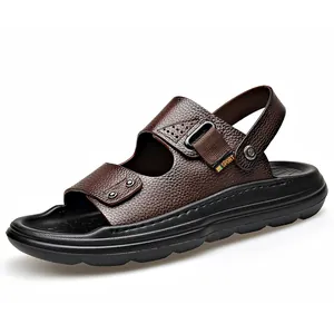 Sandalias de cuero marrón para hombre con suelas negras gruesas y antideslizantes de verano