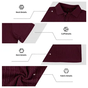 Detalles del cuello, puño y dobladillo de un polo de hombre con textura jacquard.