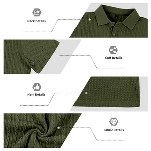 Primeros planos detallados de la textura jacquard y costuras en polo de hombre verde oliva