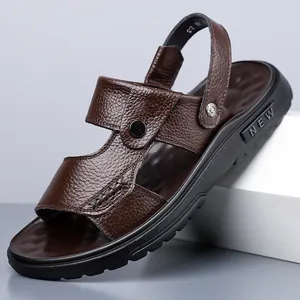 Herren Echtes Leder Sandalen Rindleder Sommer Casual Strand Schuhe Weiche Sohle Rutschfest Dual-Use Outdoor Sandalen Flip Flops