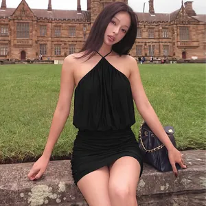 Sexy black halter neck sleeveless backless bodycon dress for women