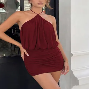 Sexy wine red halter neck backless ruched bodycon mini dress for fashion-forward women