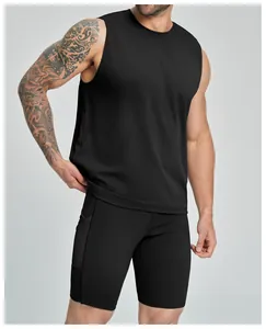 Close-up of men's sleeveless black athletic tank top for gym and tennis