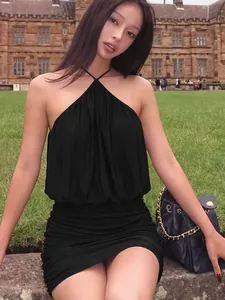 Elegant black halter neck backless mini dress with ruched skirt for women