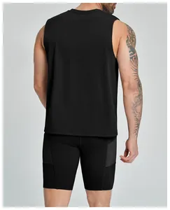Back view of men's black sleeveless athletic tank top for gym and tennis sports